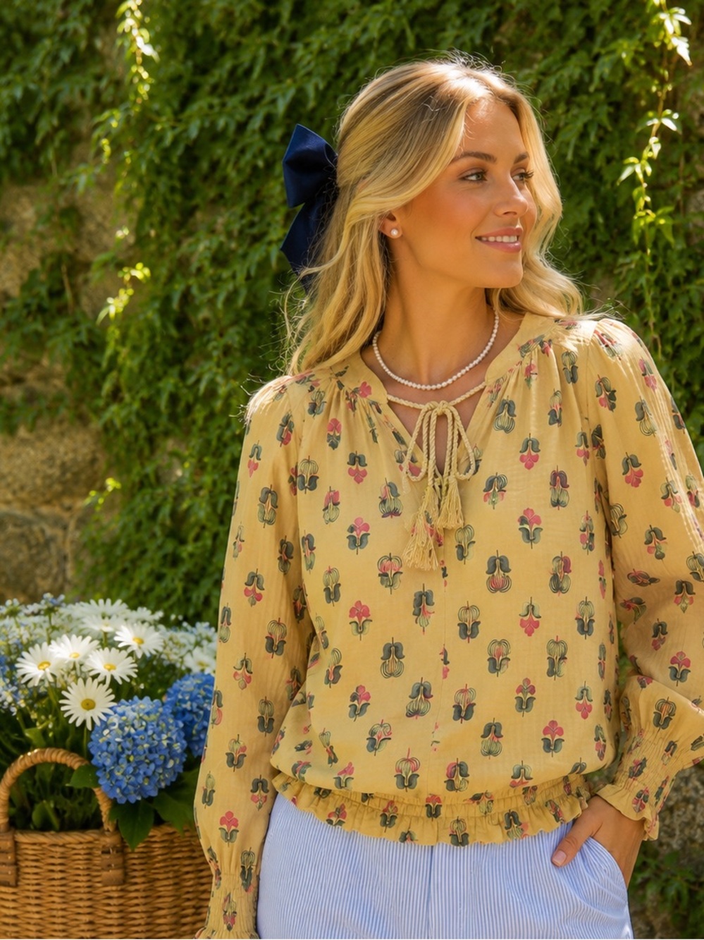 PORRIDGE Mustard Print Cottagecore Prairie Style Tie Neck Gauzy Boho Blouse, XS